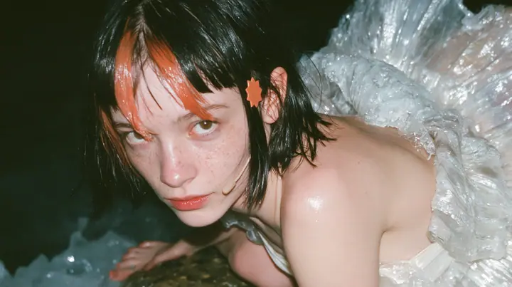 medium close-up of a Caucasian American woman in her mid-twenties with pale skin and light freckles, a glossy black blunt jaw-length bob with heavy straight bangs and one clay-orange streak through the bangs, a small…
