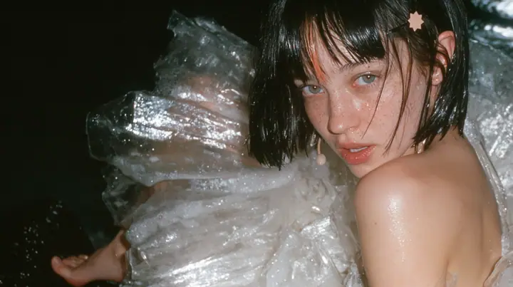medium close-up of a Caucasian American woman in her mid-twenties with pale skin and light freckles, a glossy black blunt jaw-length bob with heavy straight bangs and one clay-orange streak through the bangs, a small…