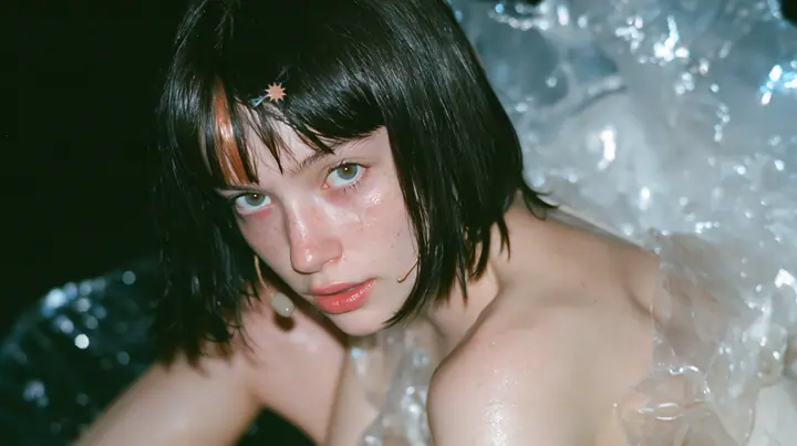 medium close-up of a Caucasian American woman in her mid-twenties with pale skin and light freckles, a glossy black blunt jaw-length bob with heavy straight bangs and one clay-orange streak through the bangs, a small…