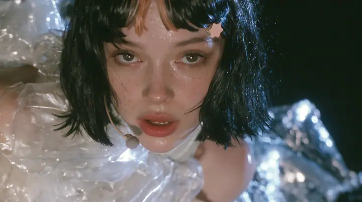 close-up of a Caucasian American woman in her mid-twenties with pale skin and light freckles, a glossy black blunt jaw-length bob with heavy straight bangs and one clay-orange streak through the bangs, a small flat…