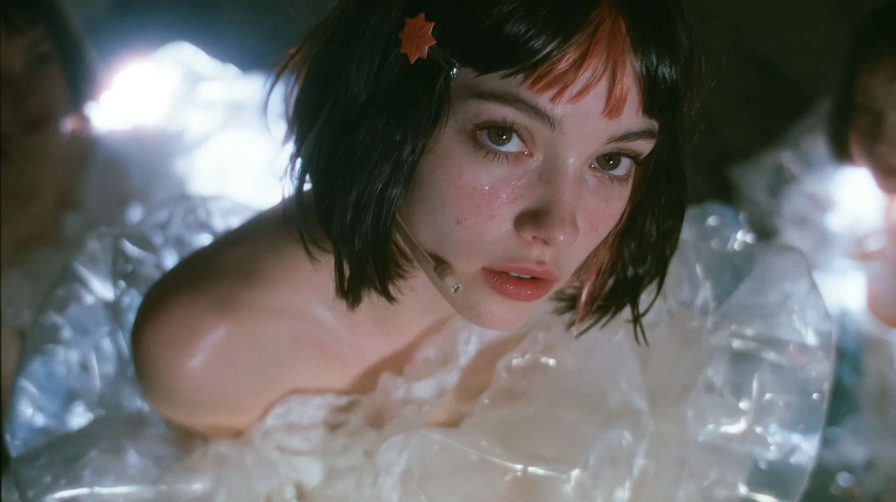 medium shot of a Caucasian American woman in her mid-twenties with pale skin and light freckles, a glossy black blunt jaw-length bob with heavy straight bangs and one clay-orange streak through the bangs, a small…