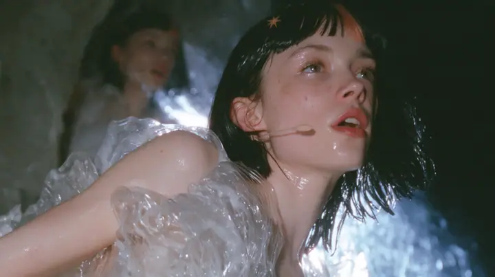 medium shot of a Caucasian American woman in her mid-twenties with pale skin and light freckles, a glossy black blunt jaw-length bob with heavy straight bangs and one clay-orange streak through the bangs, a small…