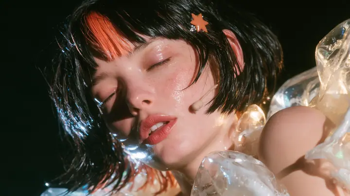 close-up of a Caucasian American woman in her mid-twenties with pale skin and light freckles, a glossy black blunt jaw-length bob with heavy straight bangs and one clay-orange streak through the bangs, a small flat…