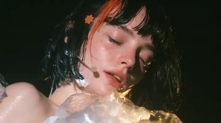 close-up of a Caucasian American woman in her mid-twenties with pale skin and light freckles, a glossy black blunt jaw-length bob with heavy straight bangs and one clay-orange streak through the bangs, a small flat…