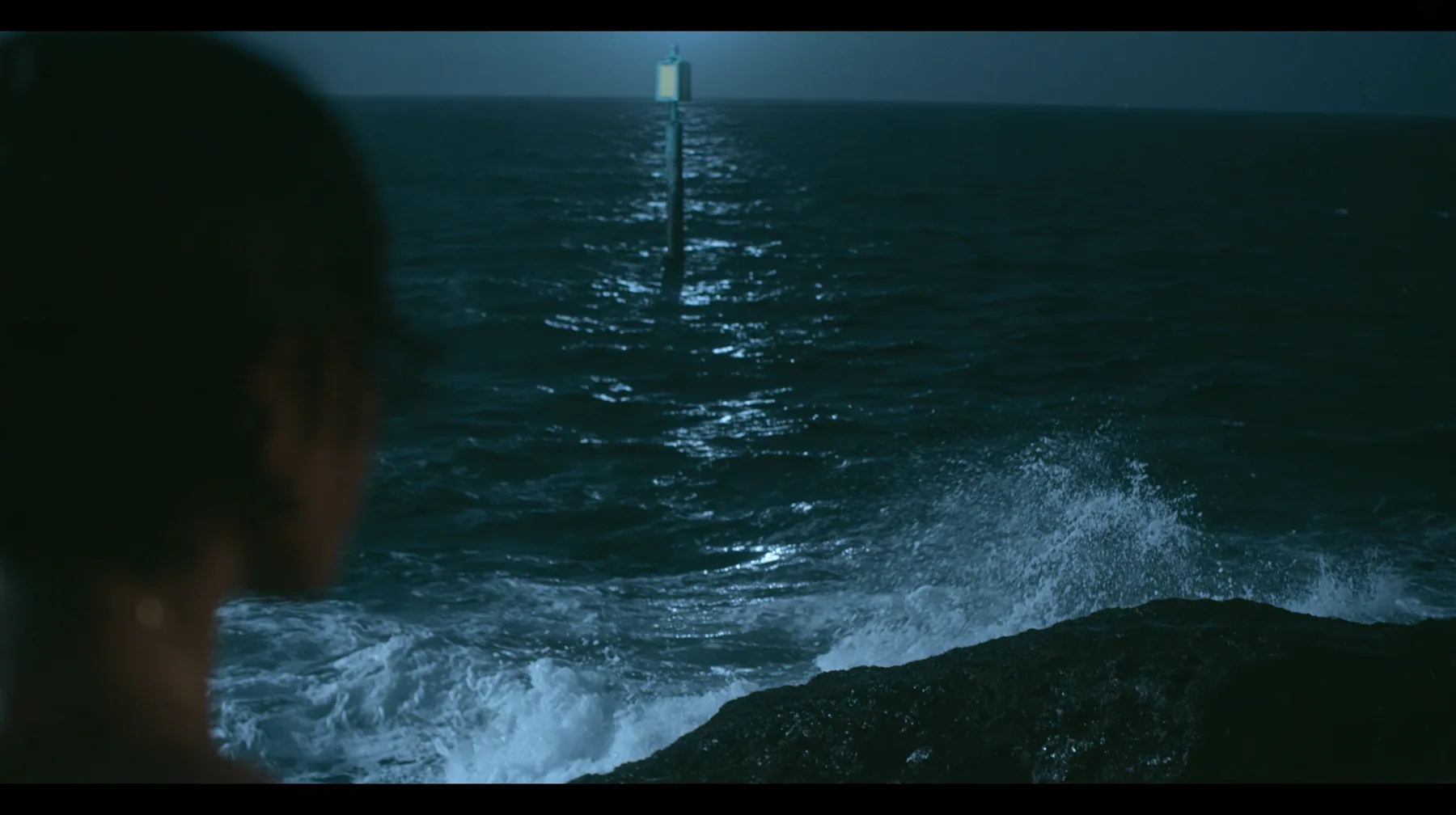 wide shot from beside a woman's bare shoulder on a black sea rock looking out over a dark sea, a navigation buoy bobbing in the middle distance with a blank yellow enamel sign, night, moonlight on a black-teal sea,…