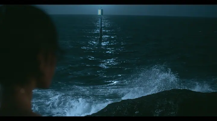 wide shot from beside a woman's bare shoulder on a black sea rock looking out over a dark sea, a navigation buoy bobbing in the middle distance with a blank yellow enamel sign, night, moonlight on a black-teal sea,…