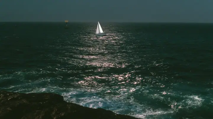 wide shot from beside a woman's bare shoulder on a black sea rock looking out over a dark sea, a navigation buoy bobbing in the middle distance with a blank yellow enamel sign, night, moonlight on a black-teal sea,…