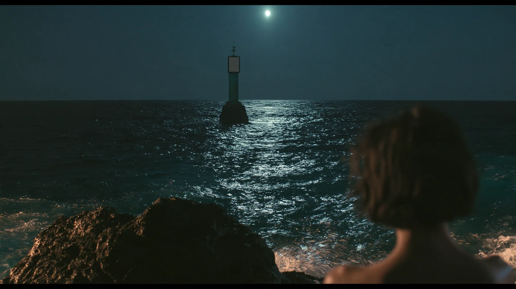 wide shot from beside a woman's bare shoulder on a black sea rock looking out over a dark sea, a navigation buoy bobbing in the middle distance with a blank yellow enamel sign, night, moonlight on a black-teal sea,…