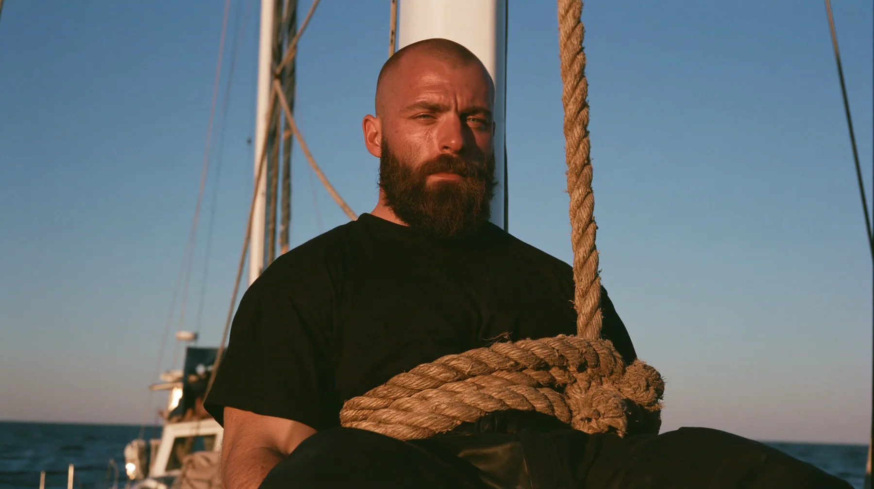 medium close-up of a broad-shouldered Caucasian man in his early thirties with a shaved head, a thick short dark beard, a square jaw, heavy brows and pale blue eyes, the build of a man who lifts, in a plain black…