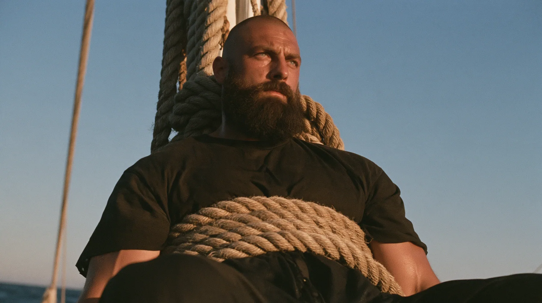 medium close-up of a broad-shouldered Caucasian man in his early thirties with a shaved head, a thick short dark beard, a square jaw, heavy brows and pale blue eyes, the build of a man who lifts, in a plain black…