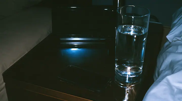 a bedside table in the dark with a blank black clock display, a glass of water and a phone face down, a dark bedroom at 3am lit only by a phone screen, blue-white glow on the face, cinematic 35mm film still, grain,…
