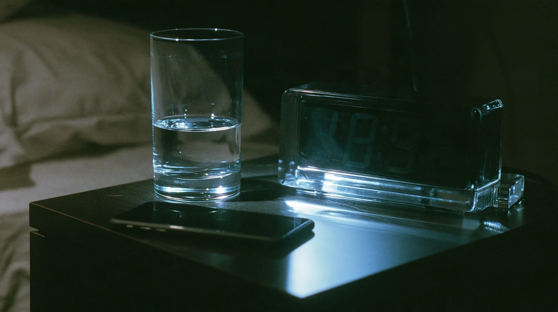 a bedside table in the dark with a blank black clock display, a glass of water and a phone face down, a dark bedroom at 3am lit only by a phone screen, blue-white glow on the face, cinematic 35mm film still, grain,…
