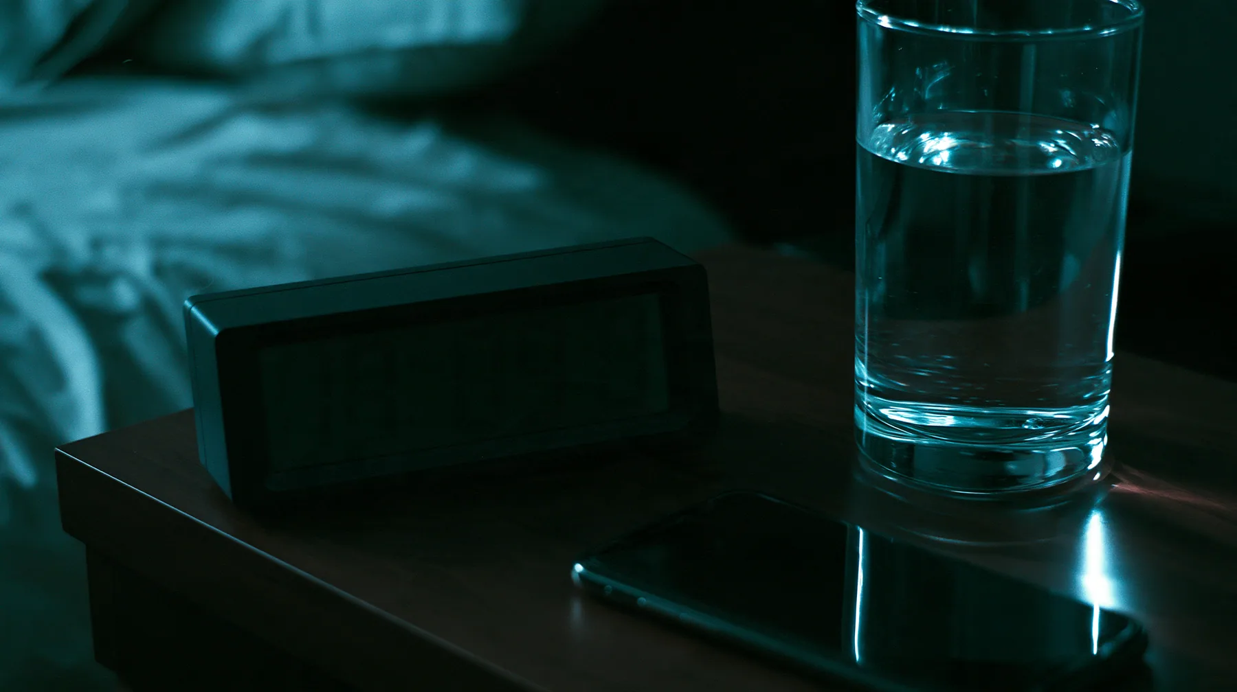 a bedside table in the dark with a blank black clock display, a glass of water and a phone face down, a dark bedroom at 3am lit only by a phone screen, blue-white glow on the face, cinematic 35mm film still, grain,…