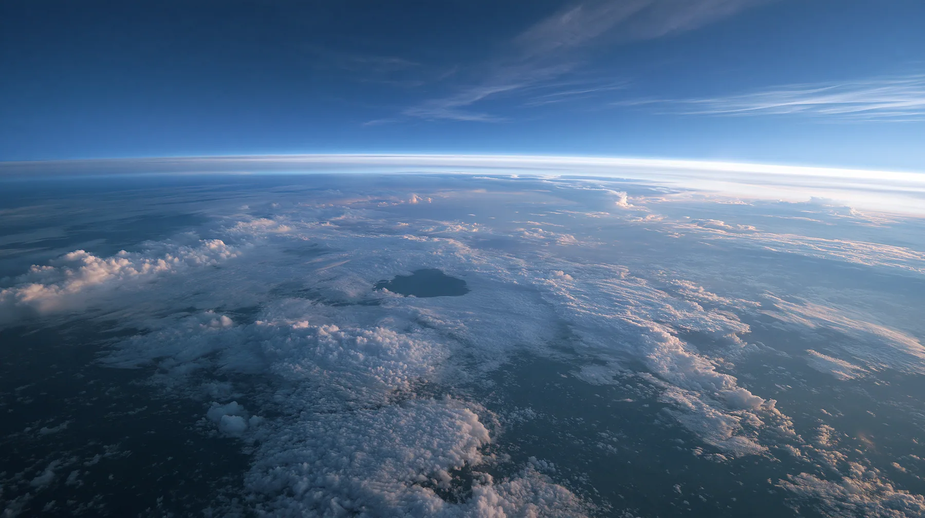 extreme wide aerial photograph from twelve kilometres above a white cloud deck at blue hour, one dark round gap in the clouds far below, the curve of the earth, no text, no letters, no logos