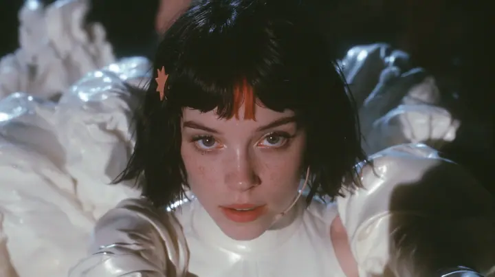 selfie-angle close-up of a Caucasian American woman in her mid-twenties with pale skin and light freckles, a glossy black blunt jaw-length bob with heavy straight bangs and one clay-orange streak through the bangs, a…