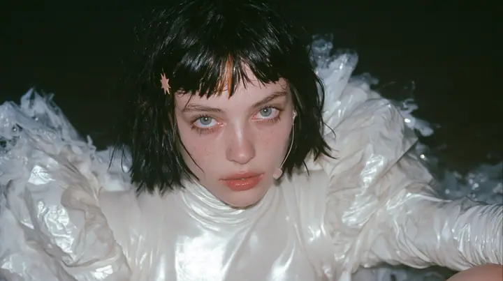 selfie-angle close-up of a Caucasian American woman in her mid-twenties with pale skin and light freckles, a glossy black blunt jaw-length bob with heavy straight bangs and one clay-orange streak through the bangs, a…