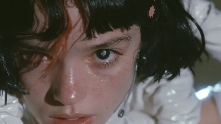 extreme close-up of the right eye of a Caucasian American woman in her mid-twenties with pale skin and light freckles, a glossy black blunt jaw-length bob with heavy straight bangs and one clay-orange streak through…