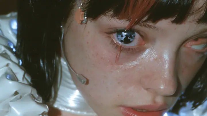 extreme close-up of the right eye of a Caucasian American woman in her mid-twenties with pale skin and light freckles, a glossy black blunt jaw-length bob with heavy straight bangs and one clay-orange streak through…