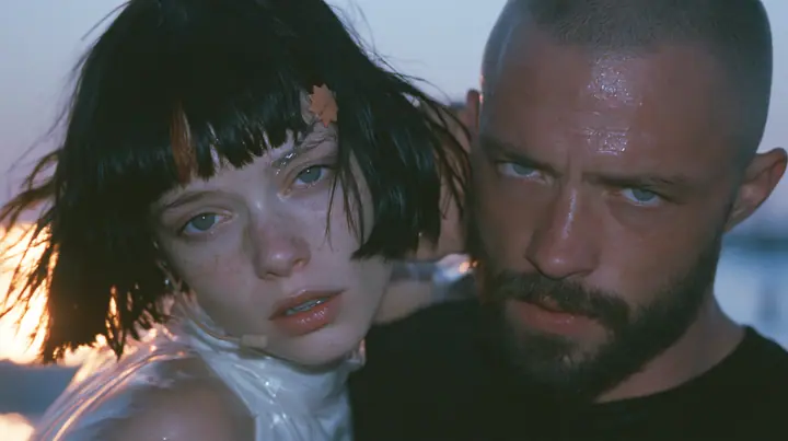 extreme close-up of a Caucasian American woman in her mid-twenties with pale skin and light freckles, a glossy black blunt jaw-length bob with heavy straight bangs and one clay-orange streak through the bangs, a…