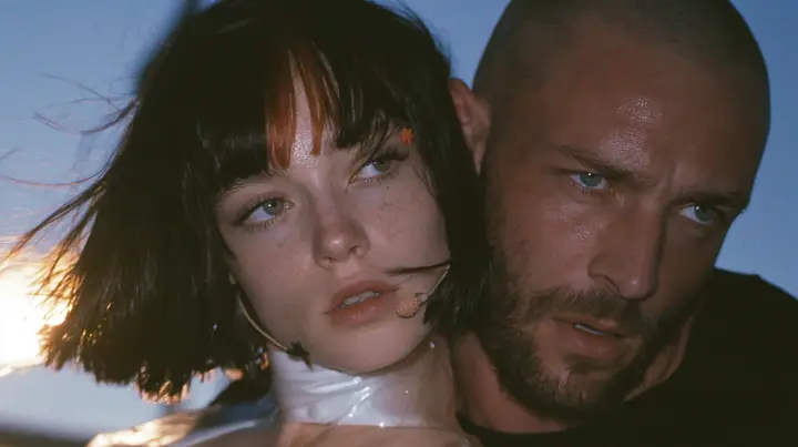 extreme close-up of a Caucasian American woman in her mid-twenties with pale skin and light freckles, a glossy black blunt jaw-length bob with heavy straight bangs and one clay-orange streak through the bangs, a…