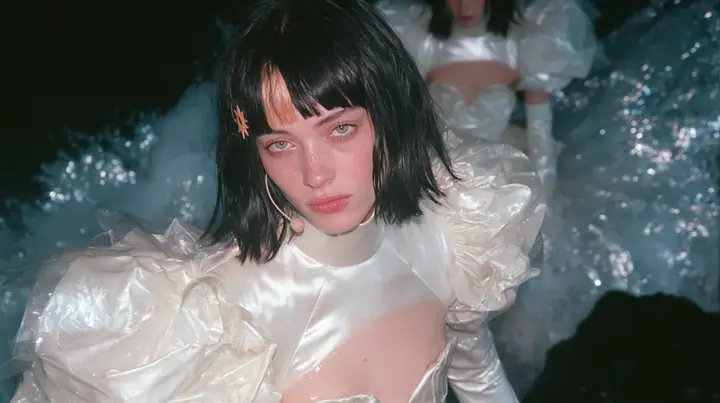wide shot of a Caucasian American woman in her mid-twenties with pale skin and light freckles, a glossy black blunt jaw-length bob with heavy straight bangs and one clay-orange streak through the bangs, a small flat…