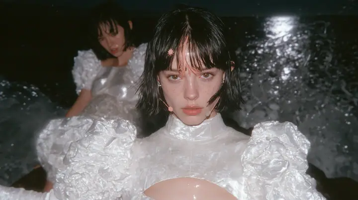 wide shot of a Caucasian American woman in her mid-twenties with pale skin and light freckles, a glossy black blunt jaw-length bob with heavy straight bangs and one clay-orange streak through the bangs, a small flat…