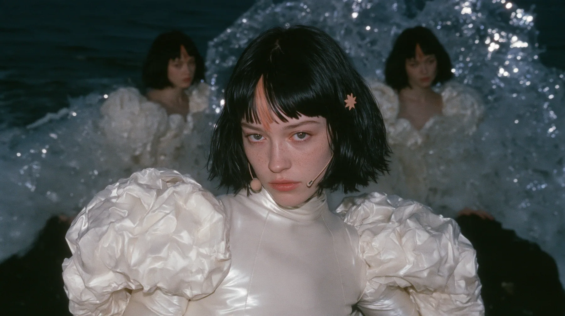 wide shot of a Caucasian American woman in her mid-twenties with pale skin and light freckles, a glossy black blunt jaw-length bob with heavy straight bangs and one clay-orange streak through the bangs, a small flat…
