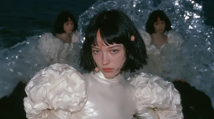 wide shot of a Caucasian American woman in her mid-twenties with pale skin and light freckles, a glossy black blunt jaw-length bob with heavy straight bangs and one clay-orange streak through the bangs, a small flat…