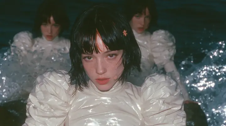 wide shot of a Caucasian American woman in her mid-twenties with pale skin and light freckles, a glossy black blunt jaw-length bob with heavy straight bangs and one clay-orange streak through the bangs, a small flat…