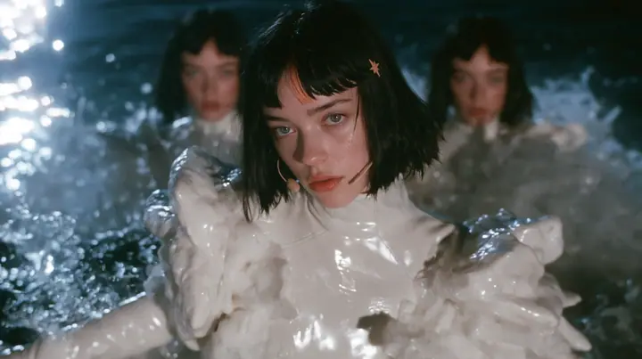 wide shot of a Caucasian American woman in her mid-twenties with pale skin and light freckles, a glossy black blunt jaw-length bob with heavy straight bangs and one clay-orange streak through the bangs, a small flat…