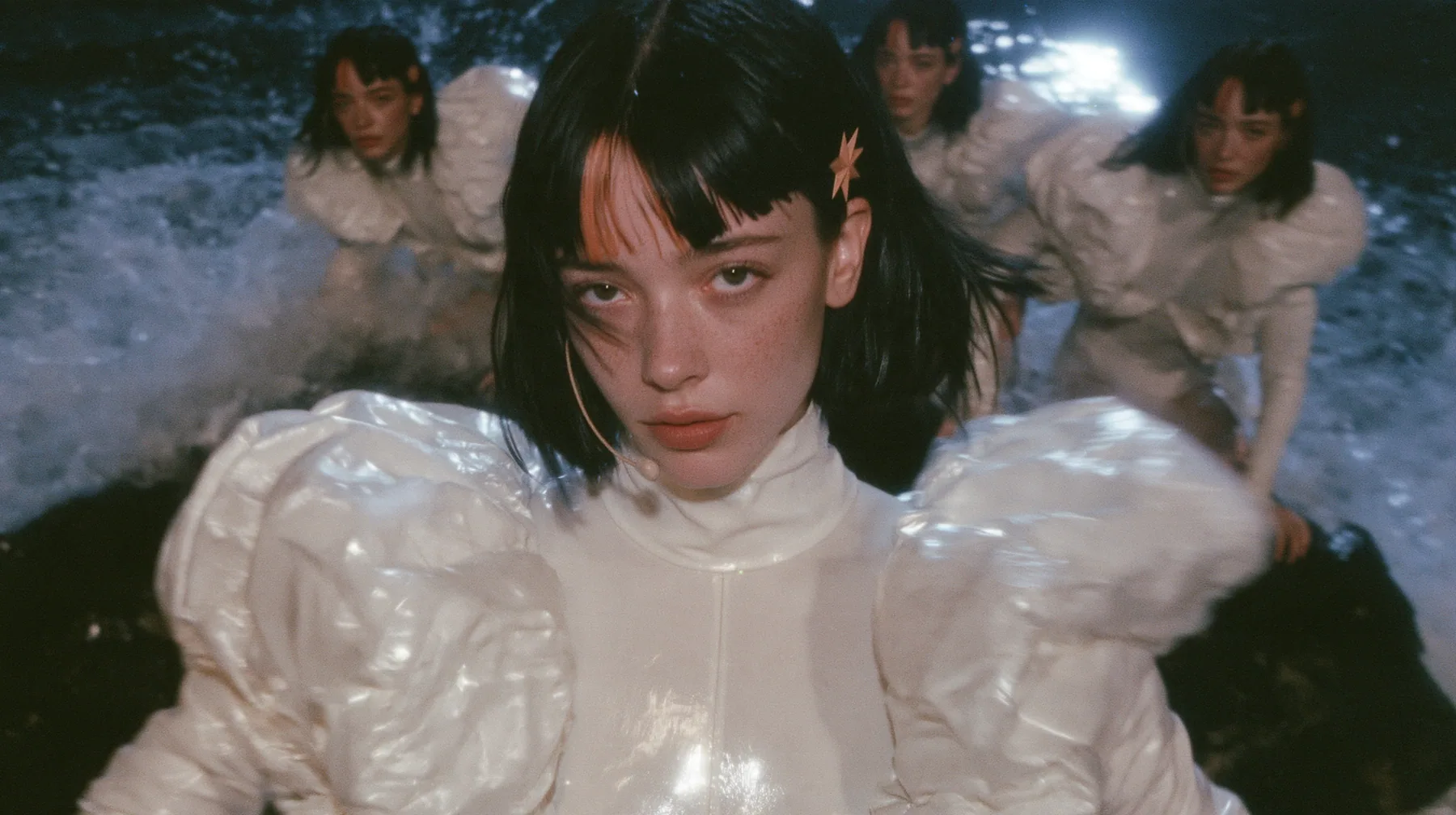 wide shot of a Caucasian American woman in her mid-twenties with pale skin and light freckles, a glossy black blunt jaw-length bob with heavy straight bangs and one clay-orange streak through the bangs, a small flat…