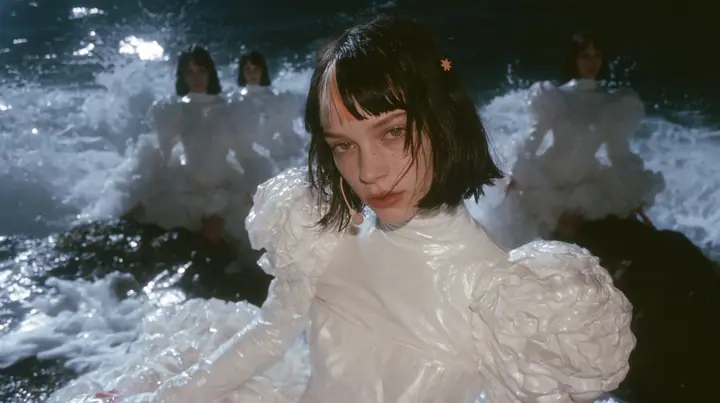 wide shot of a Caucasian American woman in her mid-twenties with pale skin and light freckles, a glossy black blunt jaw-length bob with heavy straight bangs and one clay-orange streak through the bangs, a small flat…