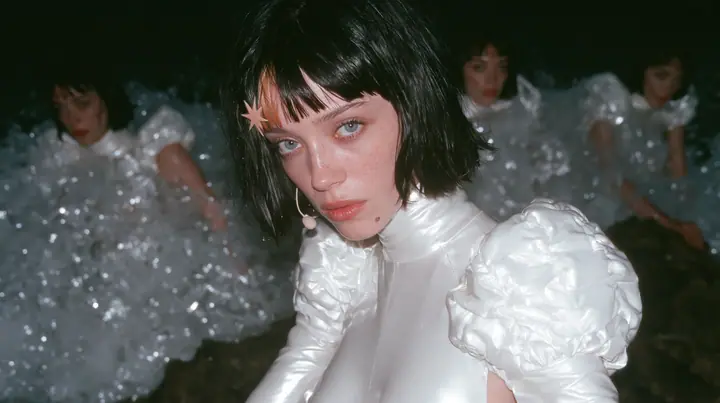 wide shot of a Caucasian American woman in her mid-twenties with pale skin and light freckles, a glossy black blunt jaw-length bob with heavy straight bangs and one clay-orange streak through the bangs, a small flat…