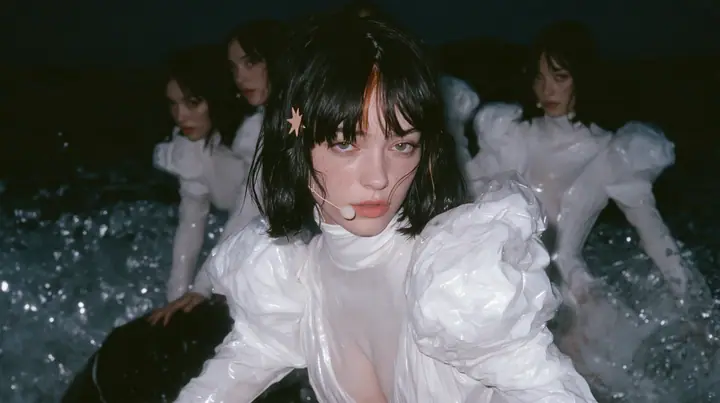 wide shot of a Caucasian American woman in her mid-twenties with pale skin and light freckles, a glossy black blunt jaw-length bob with heavy straight bangs and one clay-orange streak through the bangs, a small flat…