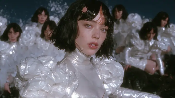 wide shot of a Caucasian American woman in her mid-twenties with pale skin and light freckles, a glossy black blunt jaw-length bob with heavy straight bangs and one clay-orange streak through the bangs, a small flat…