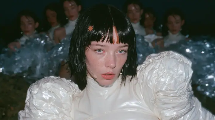 wide shot of a Caucasian American woman in her mid-twenties with pale skin and light freckles, a glossy black blunt jaw-length bob with heavy straight bangs and one clay-orange streak through the bangs, a small flat…