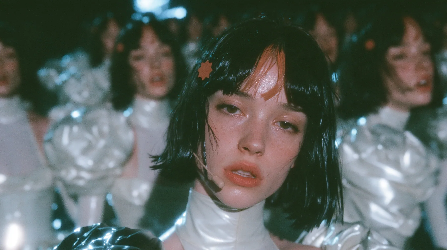 medium wide shot of dozens of identical copies of a Caucasian American woman in her mid-twenties with pale skin and light freckles, a glossy black blunt jaw-length bob with heavy straight bangs and one clay-orange…