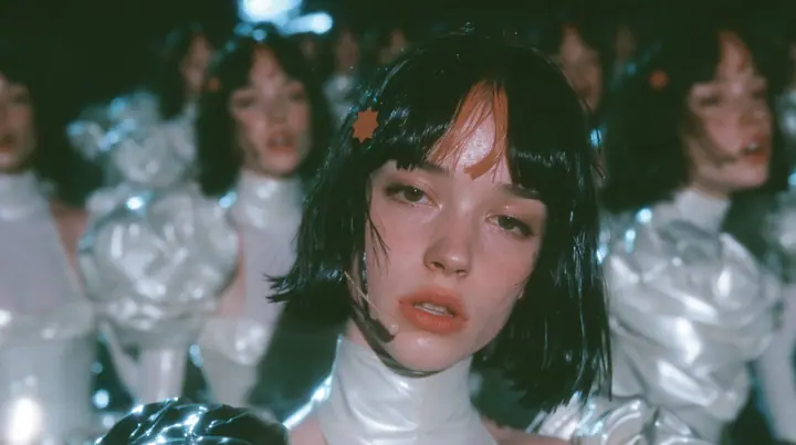 medium wide shot of dozens of identical copies of a Caucasian American woman in her mid-twenties with pale skin and light freckles, a glossy black blunt jaw-length bob with heavy straight bangs and one clay-orange…