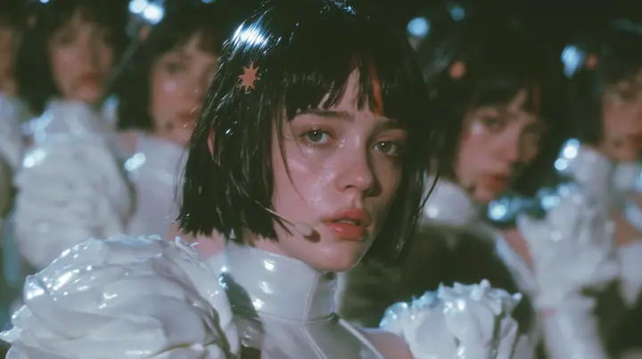 medium wide shot of dozens of identical copies of a Caucasian American woman in her mid-twenties with pale skin and light freckles, a glossy black blunt jaw-length bob with heavy straight bangs and one clay-orange…