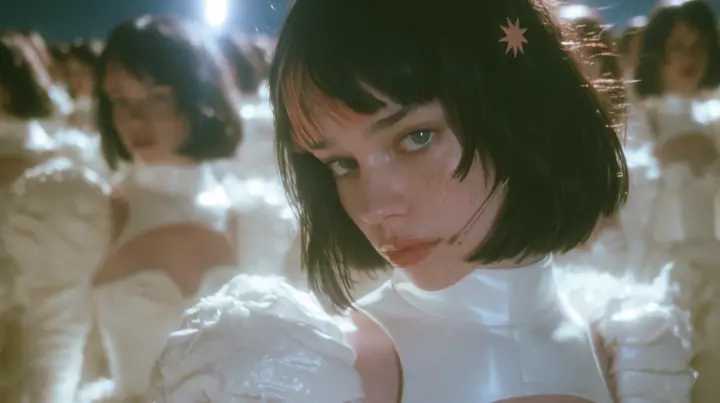 medium wide shot of dozens of identical copies of a Caucasian American woman in her mid-twenties with pale skin and light freckles, a glossy black blunt jaw-length bob with heavy straight bangs and one clay-orange…
