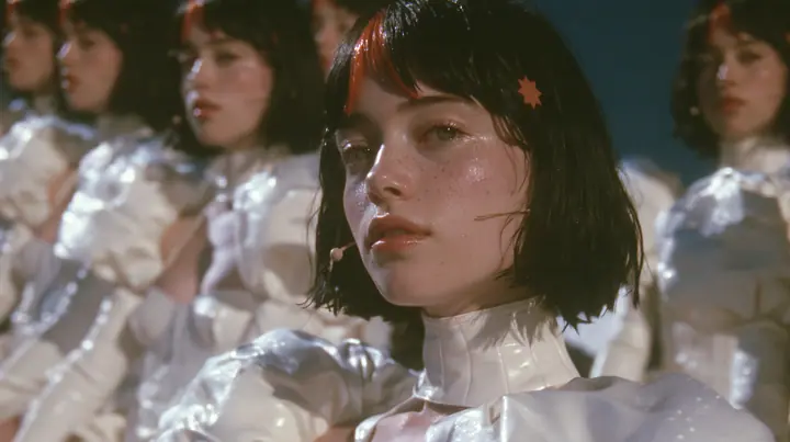 medium wide shot of dozens of identical copies of a Caucasian American woman in her mid-twenties with pale skin and light freckles, a glossy black blunt jaw-length bob with heavy straight bangs and one clay-orange…