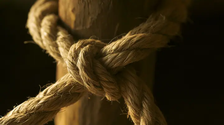 macro of a thick hemp rope knot being pulled hard around a wooden mast, macro product photograph, hard rim light, razor-thin focus, low gold light, no text, no letters, no logos