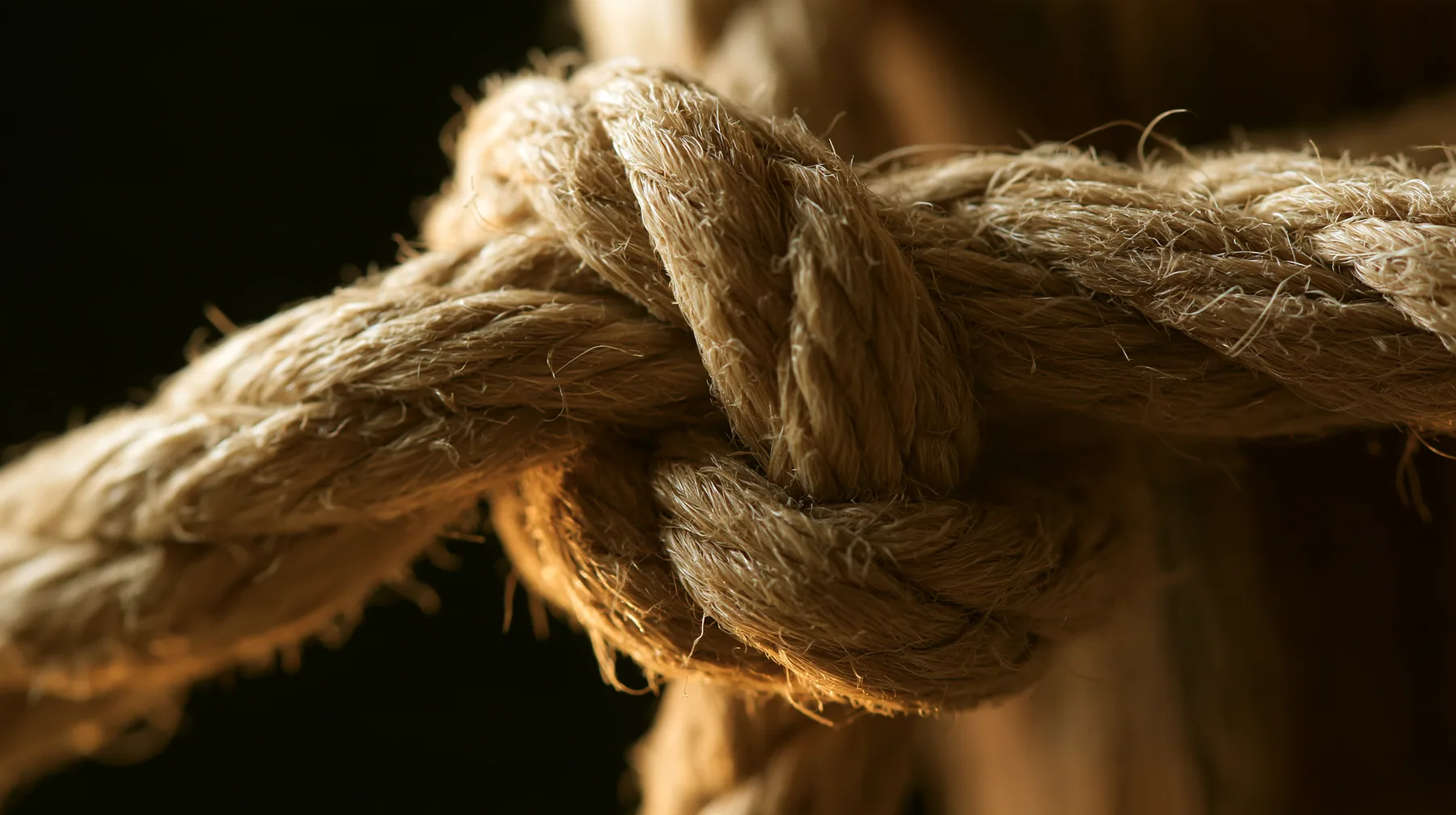 macro of a thick hemp rope knot being pulled hard around a wooden mast, macro product photograph, hard rim light, razor-thin focus, low gold light, no text, no letters, no logos