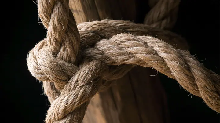 macro of a thick hemp rope knot being pulled hard around a wooden mast, macro product photograph, hard rim light, razor-thin focus, low gold light, no text, no letters, no logos