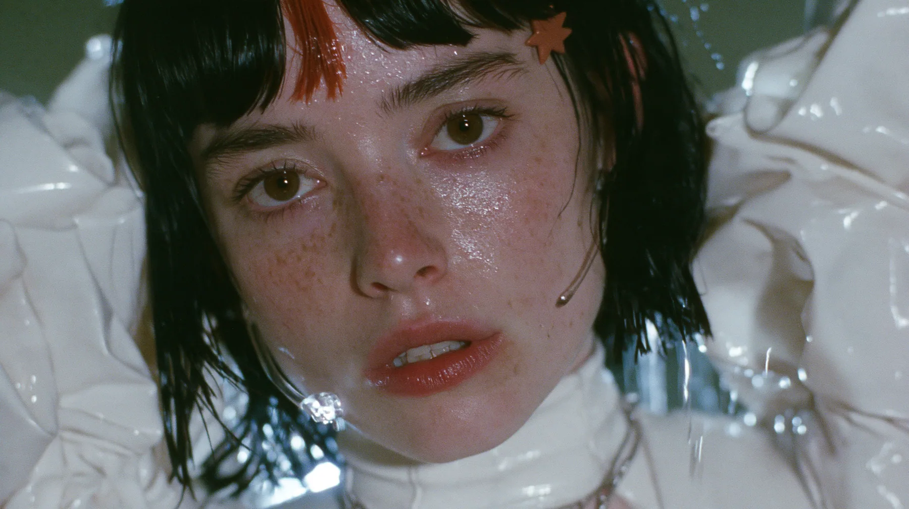 extreme close-up of the lips of a Caucasian American woman in her mid-twenties with pale skin and light freckles, a glossy black blunt jaw-length bob with heavy straight bangs and one clay-orange streak through the…