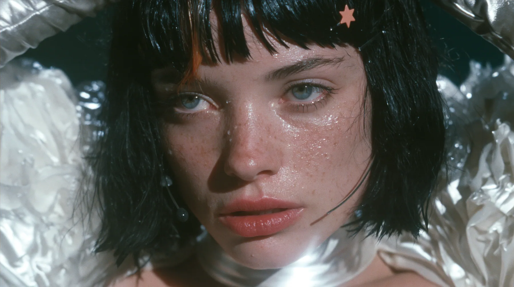 extreme close-up of the lips of a Caucasian American woman in her mid-twenties with pale skin and light freckles, a glossy black blunt jaw-length bob with heavy straight bangs and one clay-orange streak through the…