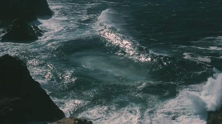 aerial photograph of a dark sea beside black rocks, just beneath the surface a colossal pale smooth oval shape like a face, barely visible, moonlight on the water, night, moonlight on a black-teal sea, silver spray,…