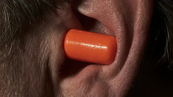macro photograph of a bright orange foam earplug expanding inside a man's ear, macro product photograph, hard rim light, razor-thin focus, dark background, no text, no letters, no logos
