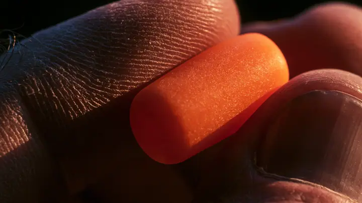 macro of a rower's rough fingers rolling a bright orange foam earplug, macro product photograph, hard rim light, razor-thin focus, dusk light, no text, no letters, no logos