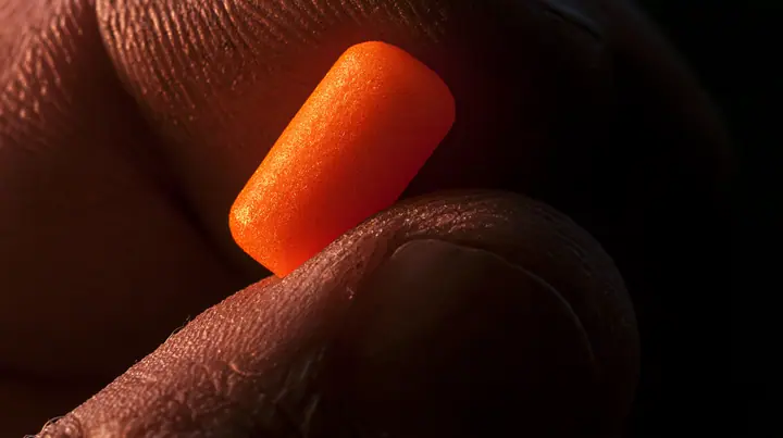 macro of a rower's rough fingers rolling a bright orange foam earplug, macro product photograph, hard rim light, razor-thin focus, dusk light, no text, no letters, no logos